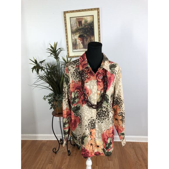 Chico’s Women Blouse 3 Long Sleeve Button Up Boho Tropical Vacation Resort Wear - Picture 1 of 7